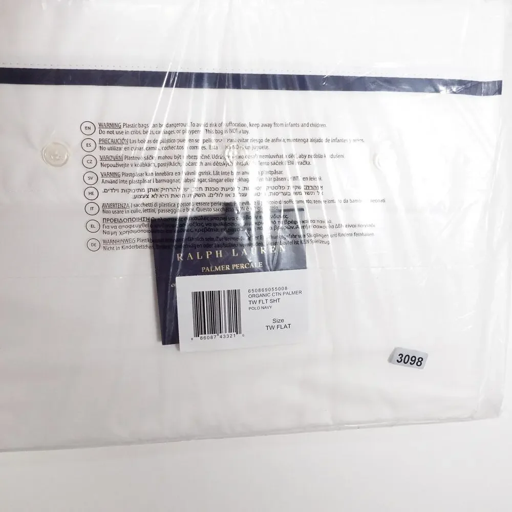 Ralph Lauren Organic Cotton Percale Palmer Twin Flat Sheet White/Polo Navy $125